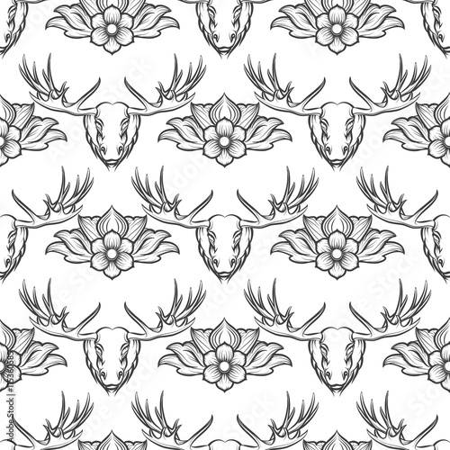 Monochromic seamless pattern with elk and flowers. Vector illustration