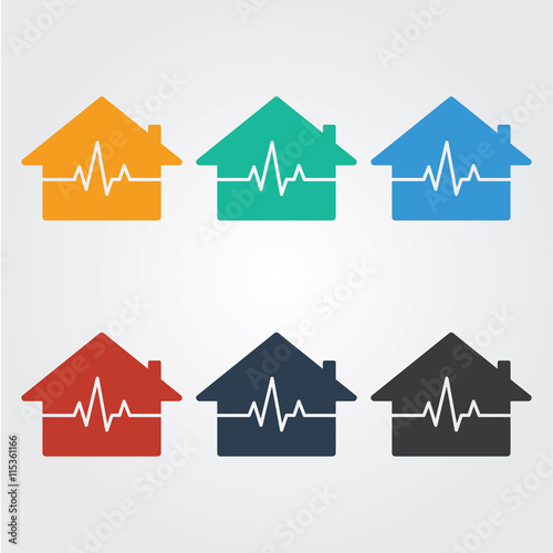 House Rate Logo Template with heart rate, heart rhythm, electrocardiogram icon. House building symbol colorful flat icons on white background.