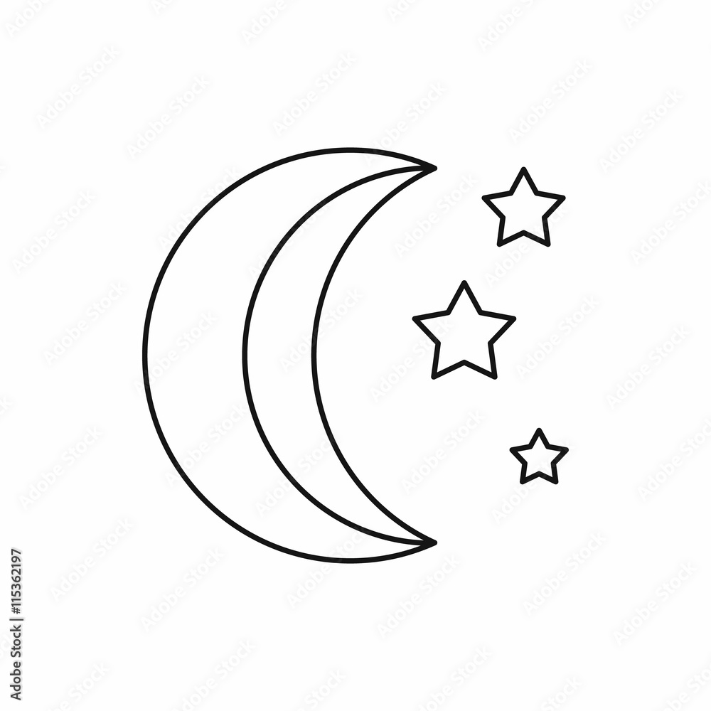 Moon and stars icon in outline style isolated vector illustration Moon and stars icon in outline style isolated vector illustration