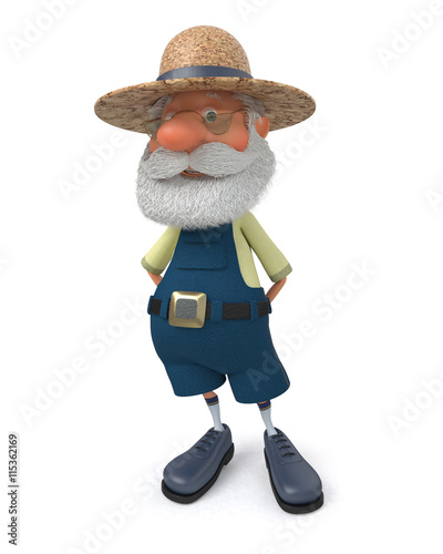 3D illustration the elderly farmer costs outdoors with a smile