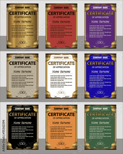 Set certificate of appreciation vertical template. Gold frame.