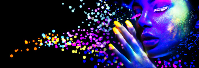 Fashion woman in neon light, portrait of beauty model with fluorescent makeup