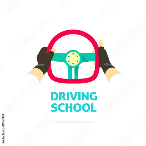Driving school symbol logo template, hands holding steering wheel, thumb up, trip concept, guide, equipment, rudder, extreme driving, training, flat style, modern design vector illustration isolated