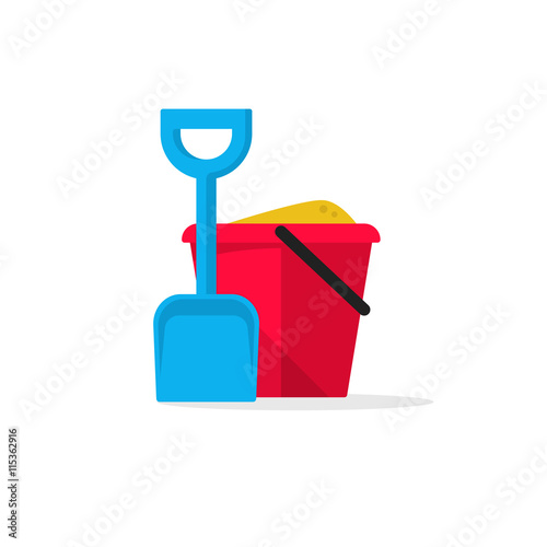 Bucket and spade with sand vector illustration flat icon isolated, kid toys tools symbol, pail shovel label, bucket and spade modern design banner, sandbox place sign ribbon design concept