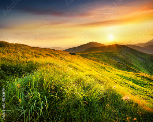 Mountain field during sunset. Beautiful natural landscape in the summer time