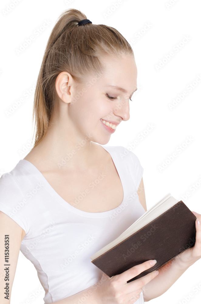 Young pretty woman reading a book on white background Young pretty woman reading a book on white background