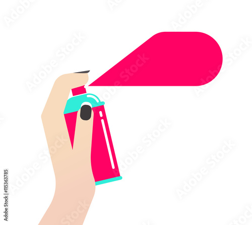 Women hand holding spray can vector illustration, concept of cosmetics, hairspray, deodorant, antiperspirant, graffiti pink paint bubble modern design in flat style isolated on white background