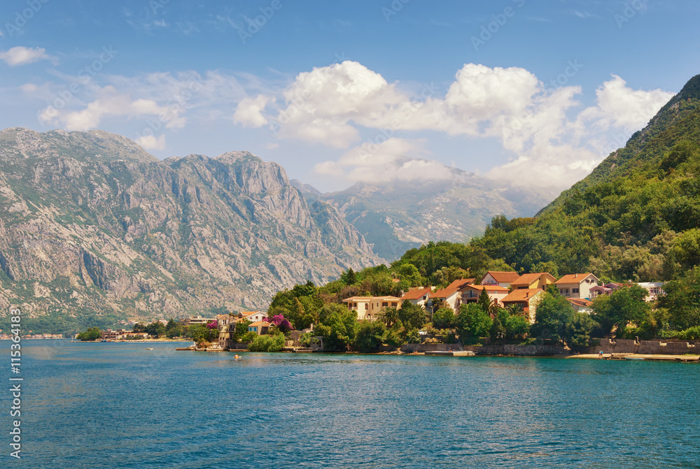 View of Bay of Kotor and seaside village Stoliv. Montenegro