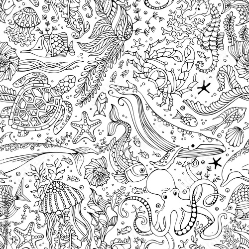 Vector seamless pattern of underwater wild animals and plants.