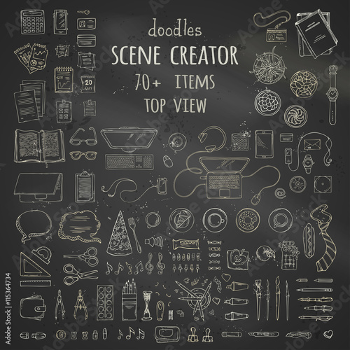 Vector set of chalk work place gadgets and stationery.