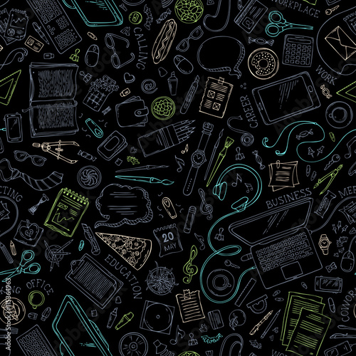 Seamless doodles education pattern on black background.