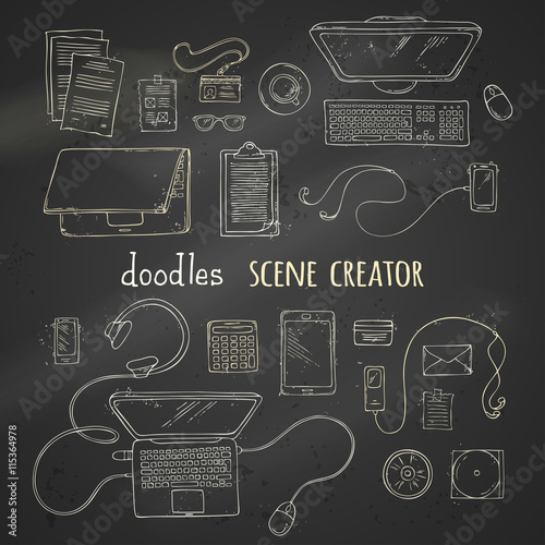 Set of chalk scene creator elements on blackboard background.