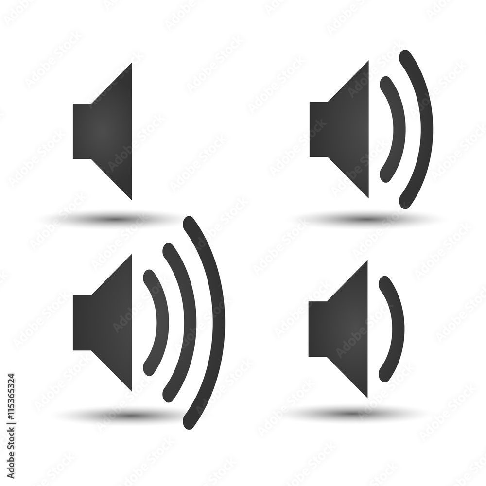 Speaker icon. Volume of sound signs set. Simple flat logo of speaker on white background. Vector illustration. Speaker icon. Volume of sound signs set. Simple flat logo of speaker on white background. Vector illustration.
