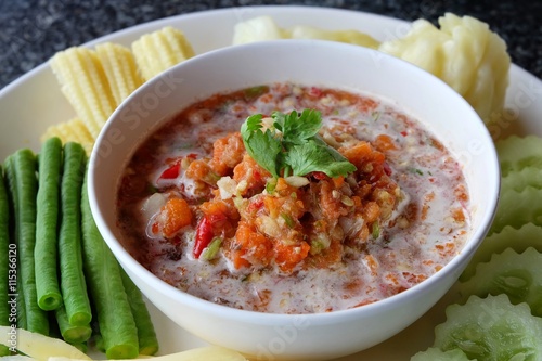Crab eggs chili sauce served with vegetable, Thai food