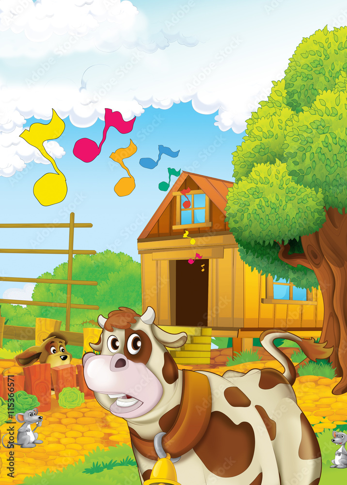 Cartoon happy farm scene - dog and cow on the farm - near the path - with  colorful playing notes - illustration for children Stock Illustration |  Adobe Stock