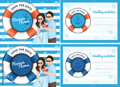 Wedding invitation card with couple cartoon playing soap bubble gun in blue sea theme