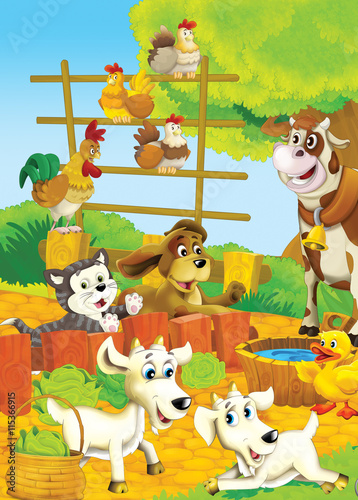 Cartoon happy farm scene - many farm animals on the scene - cow goats rooster hes dog and cat - illustration for children