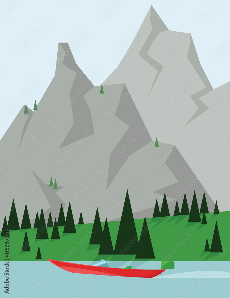 Abstract landscape design with green trees and silver mountains, a red boat on a lake, flat style. Digital vector image.