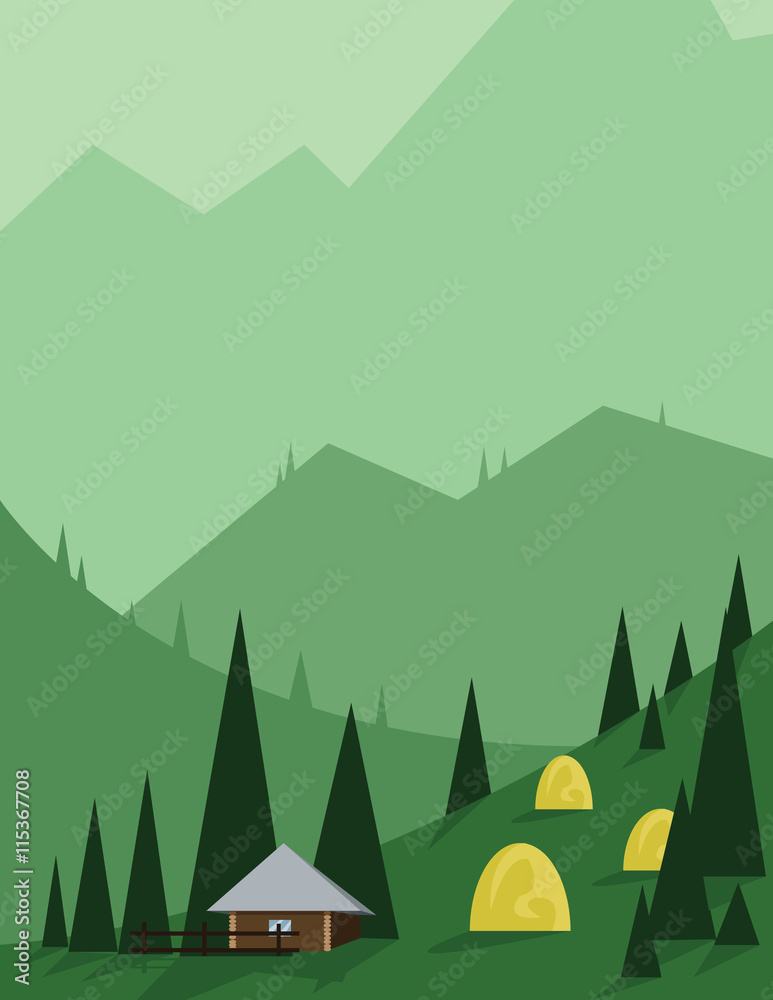 Fototapeta premium Abstract landscape design with green trees and hills, brown house in the mountains and yellow hay, flat style. Digital vector image.