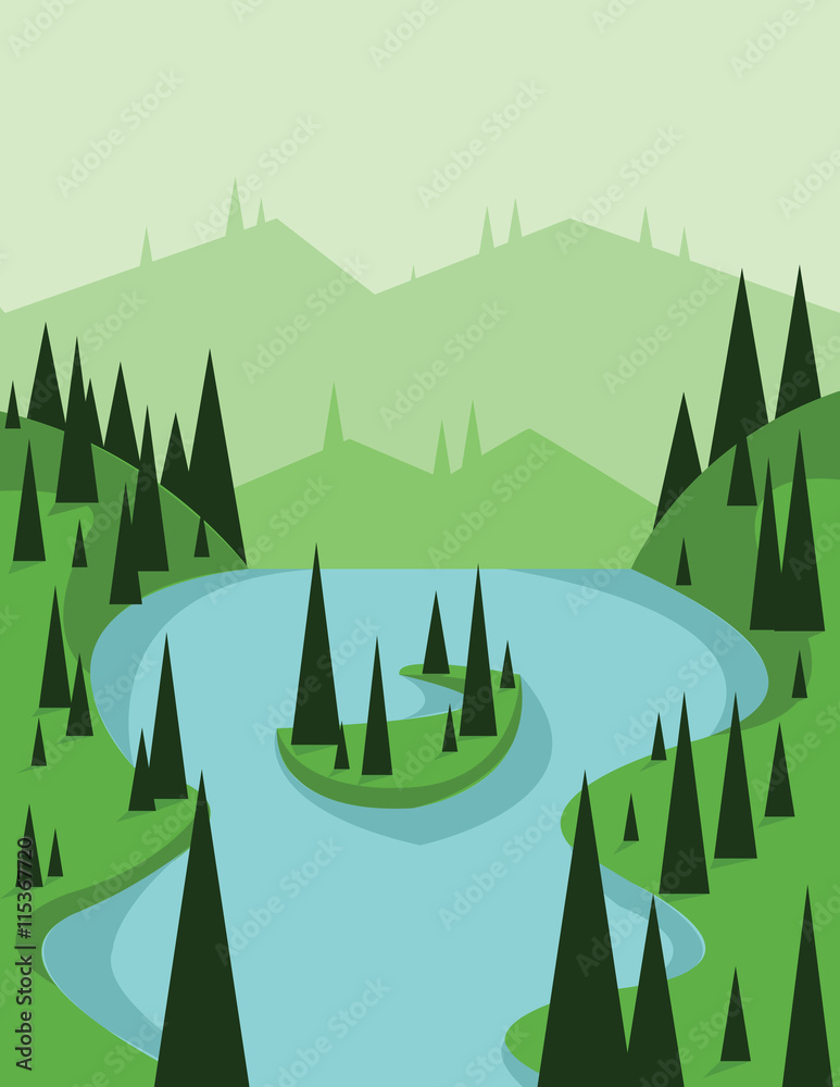 Abstract landscape design with green trees and flowing river, view from top to an island, flat style. Digital vector image.