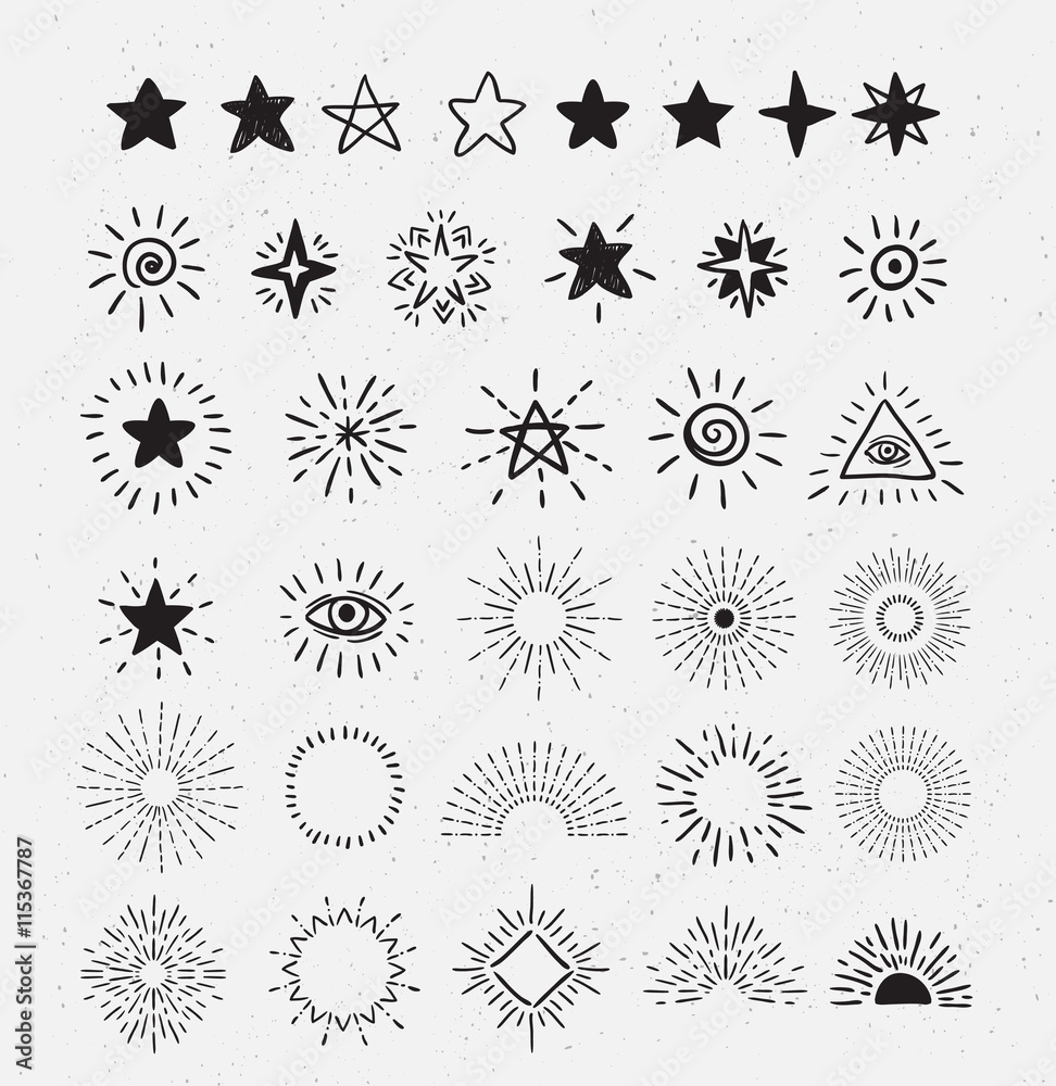 Set of vintage sunburst and stars. Hand-drawn vector hipster design elements on the textured background.