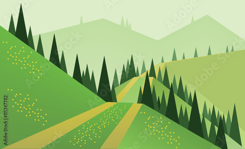 Abstract landscape design with green trees, hills and fog, a road and yellow flowers on fields, flat style. Digital vector image.