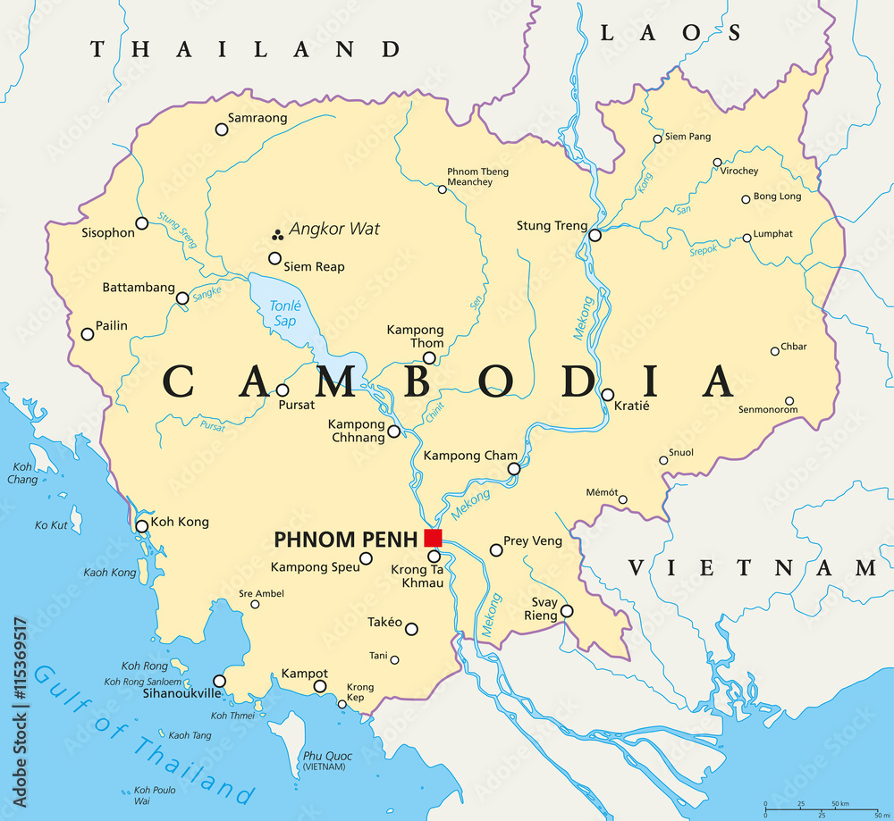 Cambodia political map with capital Phnom Penh, national borders, important cities, rivers and lakes. Kingdom in Indochina, Southeast Asia, once known as Khmer Empire. English labeling. Illustration