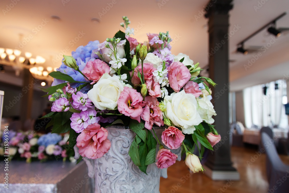 Wedding flower composition. Wedding interior.