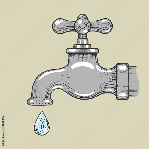 Water tap with drop engraving style vector