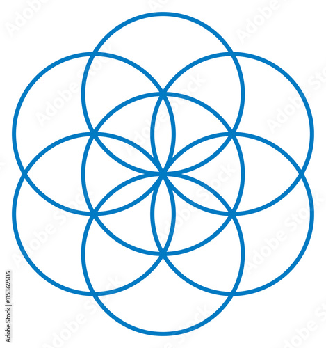 Blue Seed of Life. Unique geometrical figure, composed of seven overlapping circles of same size, forming the symmetrical structure of an hexagon. Flower of Life prestage. Illustration photo