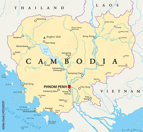 Cambodia political map with capital Phnom Penh  national borders  important cities  rivers and lakes. Kingdom in Indochina  Southeast Asia  once known as Khmer Empire. English labeling. Illustration
