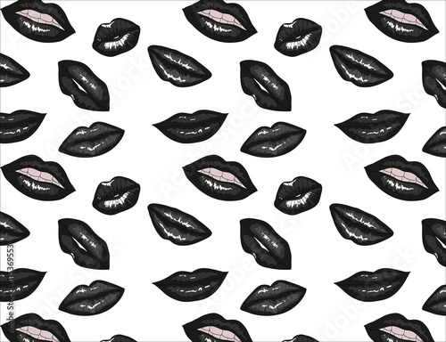 Seamless  vector pattern  with hand drawn black  lips