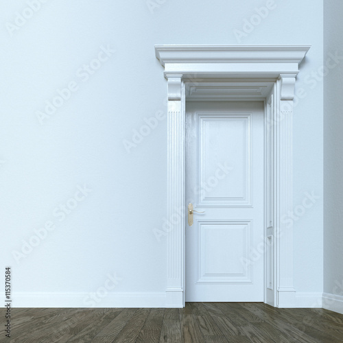 White classic door in elegant interior with hardwood flooring. 