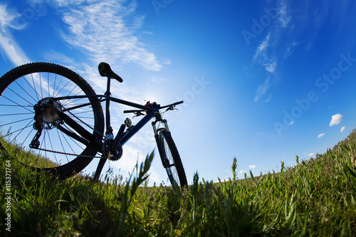 bicycle in meadow during sunset