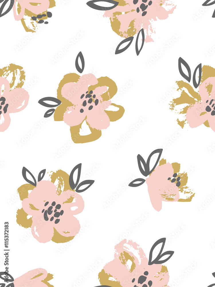 Seamless pattern with pink and gold flowers. Vector  Floral background.