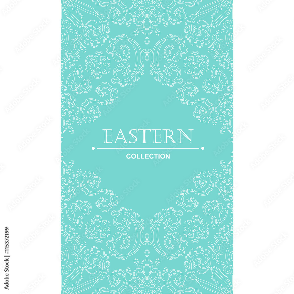 Vintage ornate card with Eastern floral elements. Filigree vector border with place for your text. Ornamental frame for greeting card, wedding invitation.