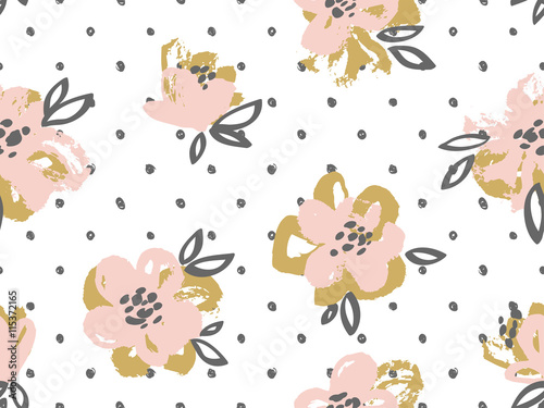 Seamless pattern with pink and gold flowers on the polka dot background.Vector Floral background.