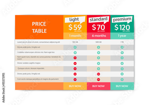 Web Pricing Table Design For Business. Vector Illustration