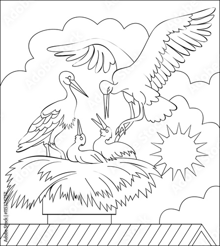 Page with black and white illustration of stork family in the nest for coloring. Developing children skills for drawing. Vector image.