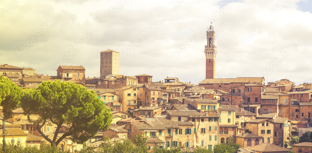 SIENA,ITALY:Vintage retro stylized photo of the old town of Siena