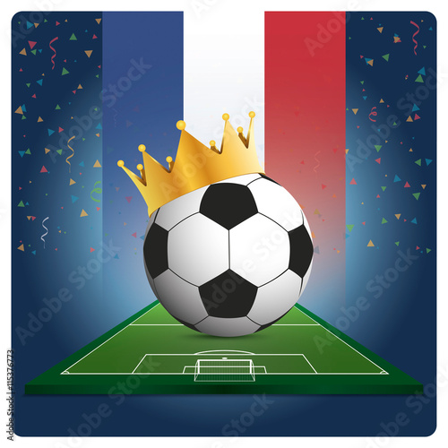 Soccer with crown and France flag on soccer field.