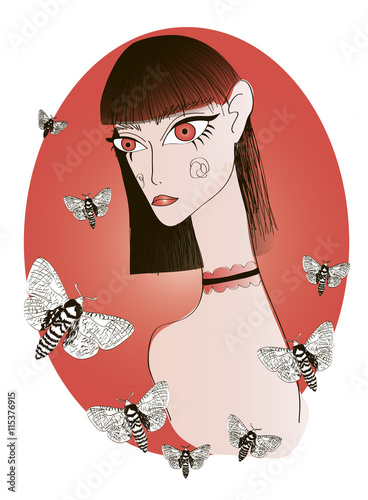  Abstract Girl with Big Red Eyes and Short Bangs Hairstyle with Butterflies