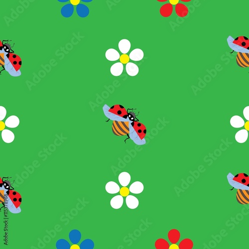 Seamless background with flowers and ladybirds on a green background. vector illustration of cartoon