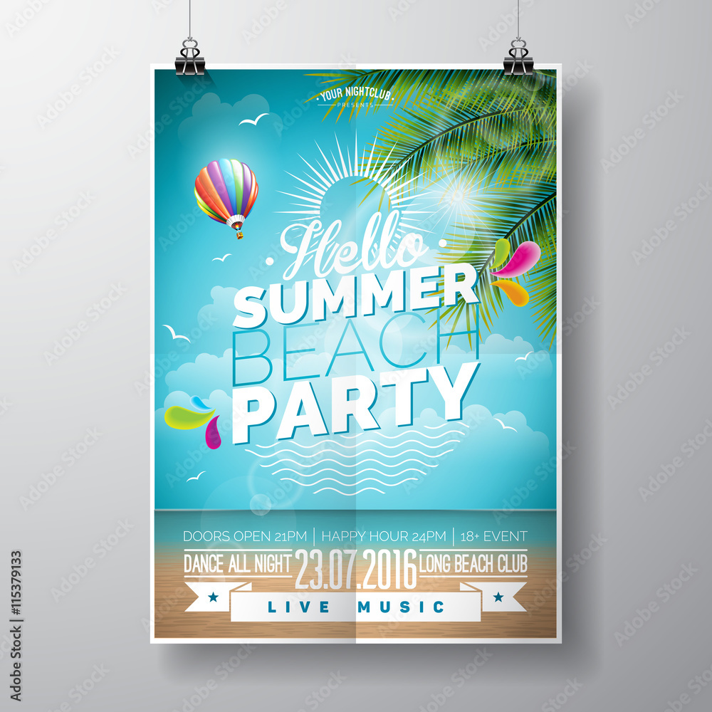 Vector Summer Beach Party Flyer Design with typographic elements on ocean landscape background. Air balloon and palm tree. - obrazy, fototapety, plakaty 