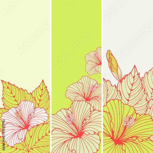 3 bookmarks with hibiscus flowers patterns in fresh green and red 