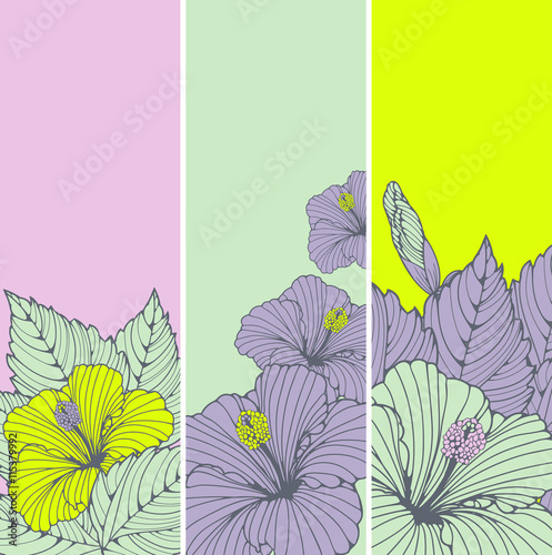 3 bookmarks with hibiscus flowers patterns in purple, green, and yellow