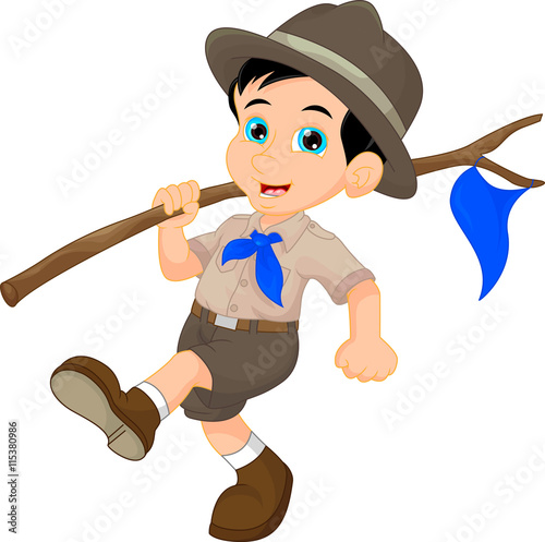 Cartoon boy scout holding blue flag