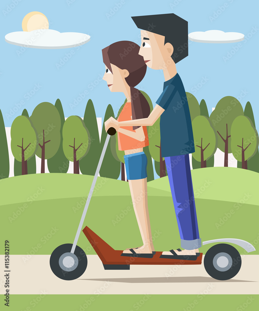 girl and boy on electric scooter at the city girl and boy on electric scooter at the city
