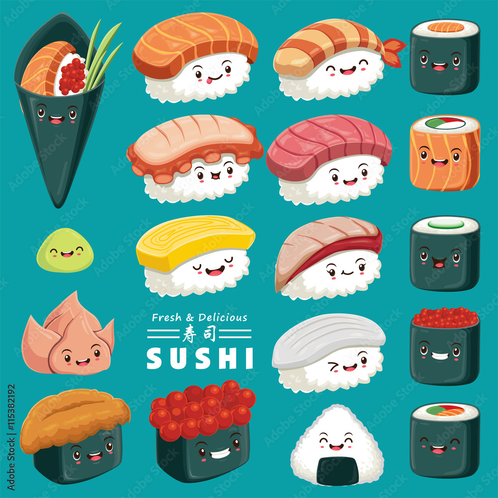 Vintage Sushi poster design with vector sushi character. Chinese word means sushi.