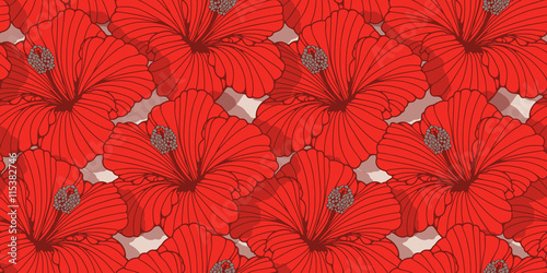 tangled hibiscus flowers seamless pattern in red shades and gray